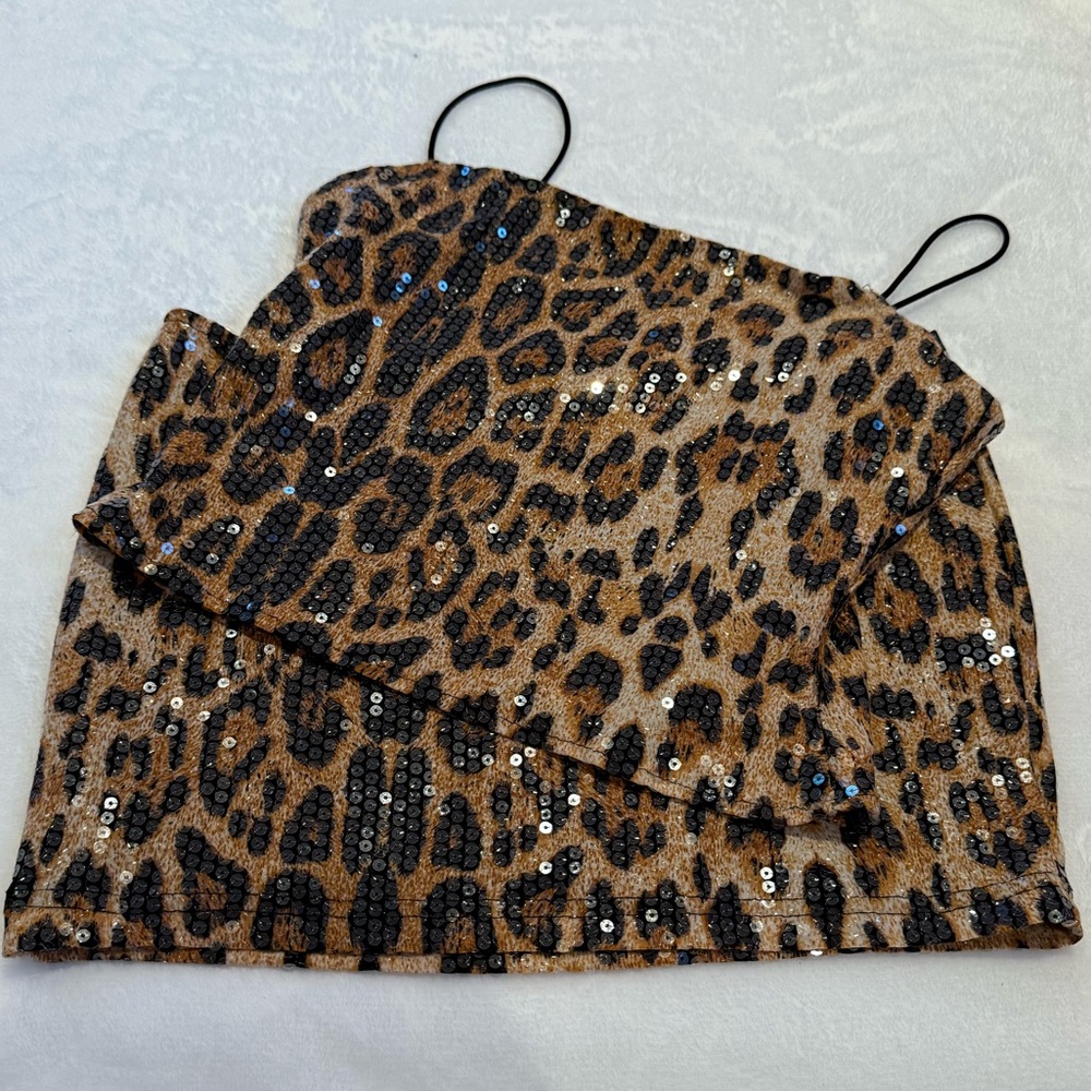 Leopard Print Sequin Cami Top and Skirt Set